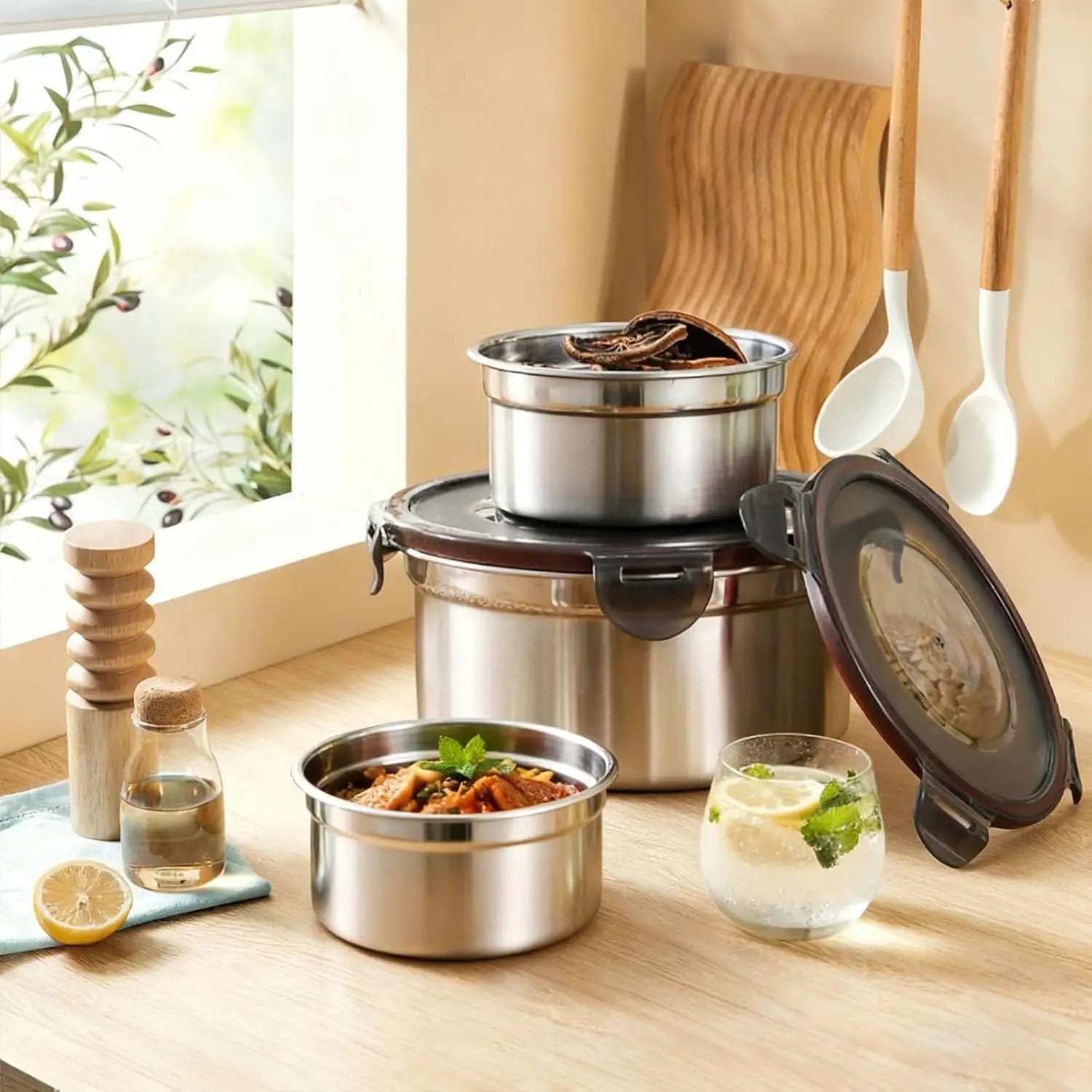 3 piece leakproof 304 stainless steel lunch box set for work, school, travel, and everyday meal storage.