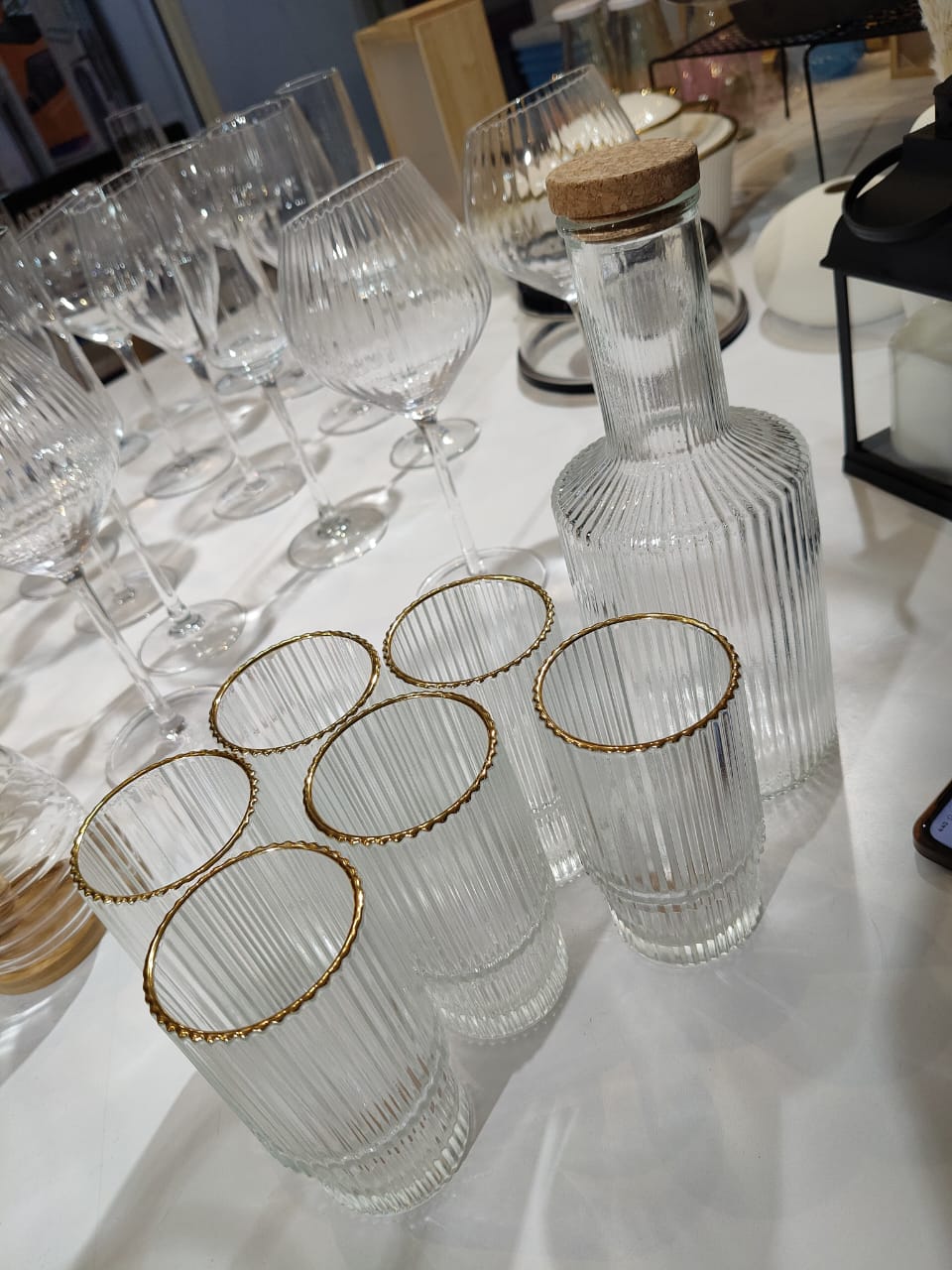 6Pc Ribbed glasses with gold rim  and decanter