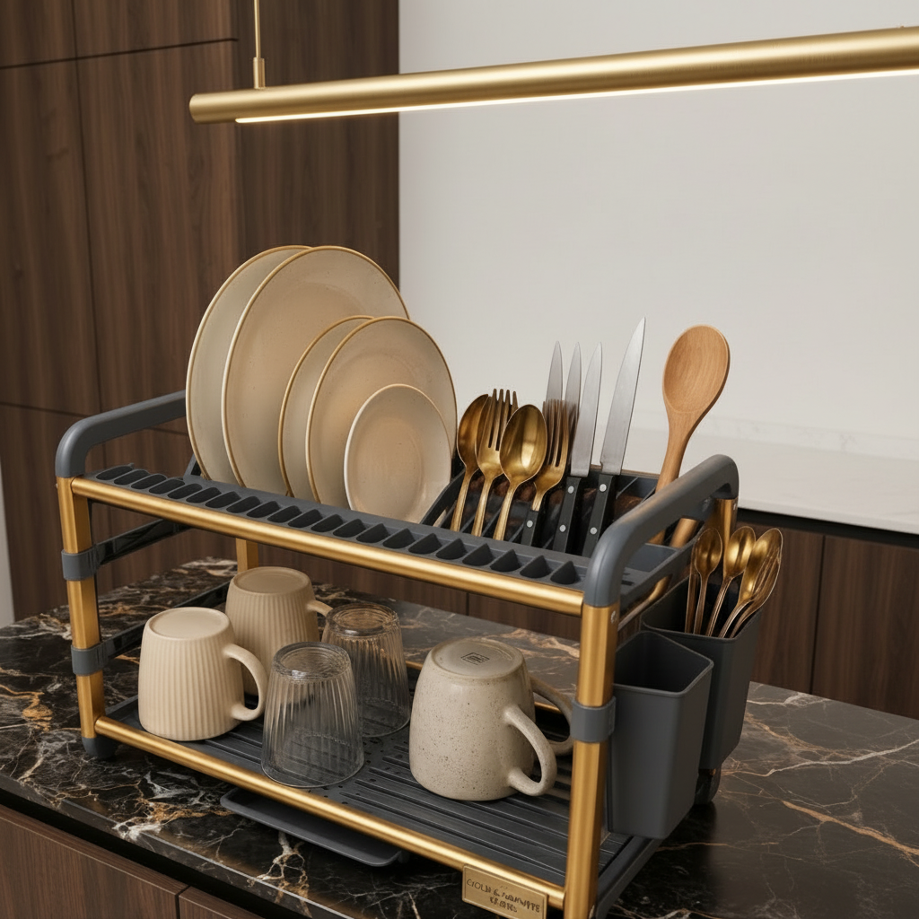 2 tier aluminium dish drainer for organized kitchenware drying and storage.