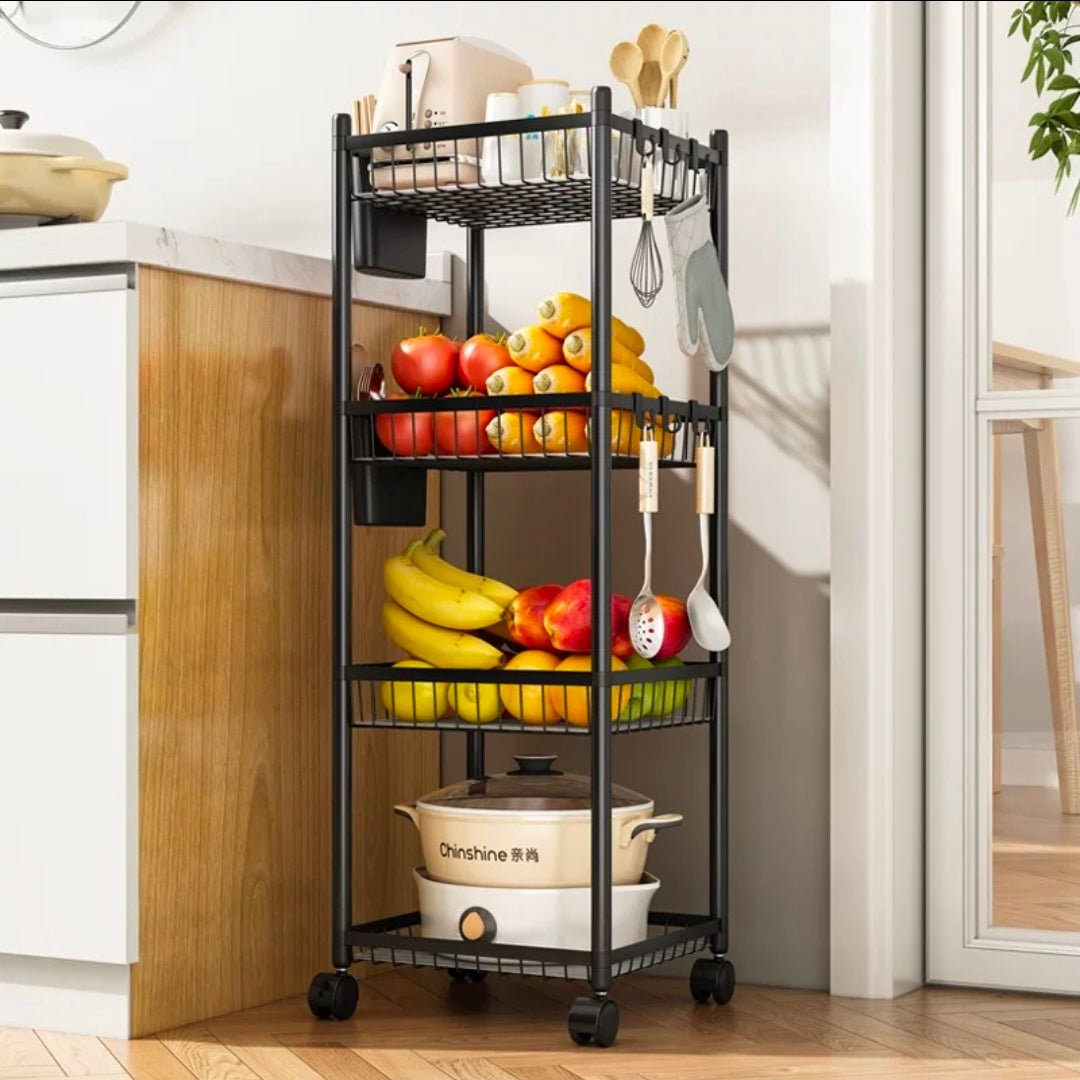 4 tier metal storage rack with wheels in black and white for home organization