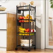 4 tier metal storage rack with wheels in black and white for home organization