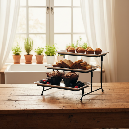 Tier Serving Tray Set with White Stoneware Platters