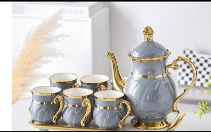 8 Piece Ceramic Tea Set With Golden Rim