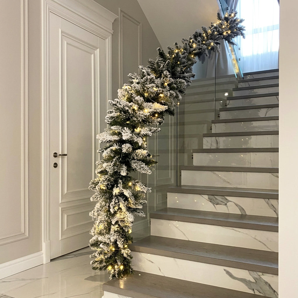 2.7m Fully Snow Flocked Christmas Garland with 10m Lights