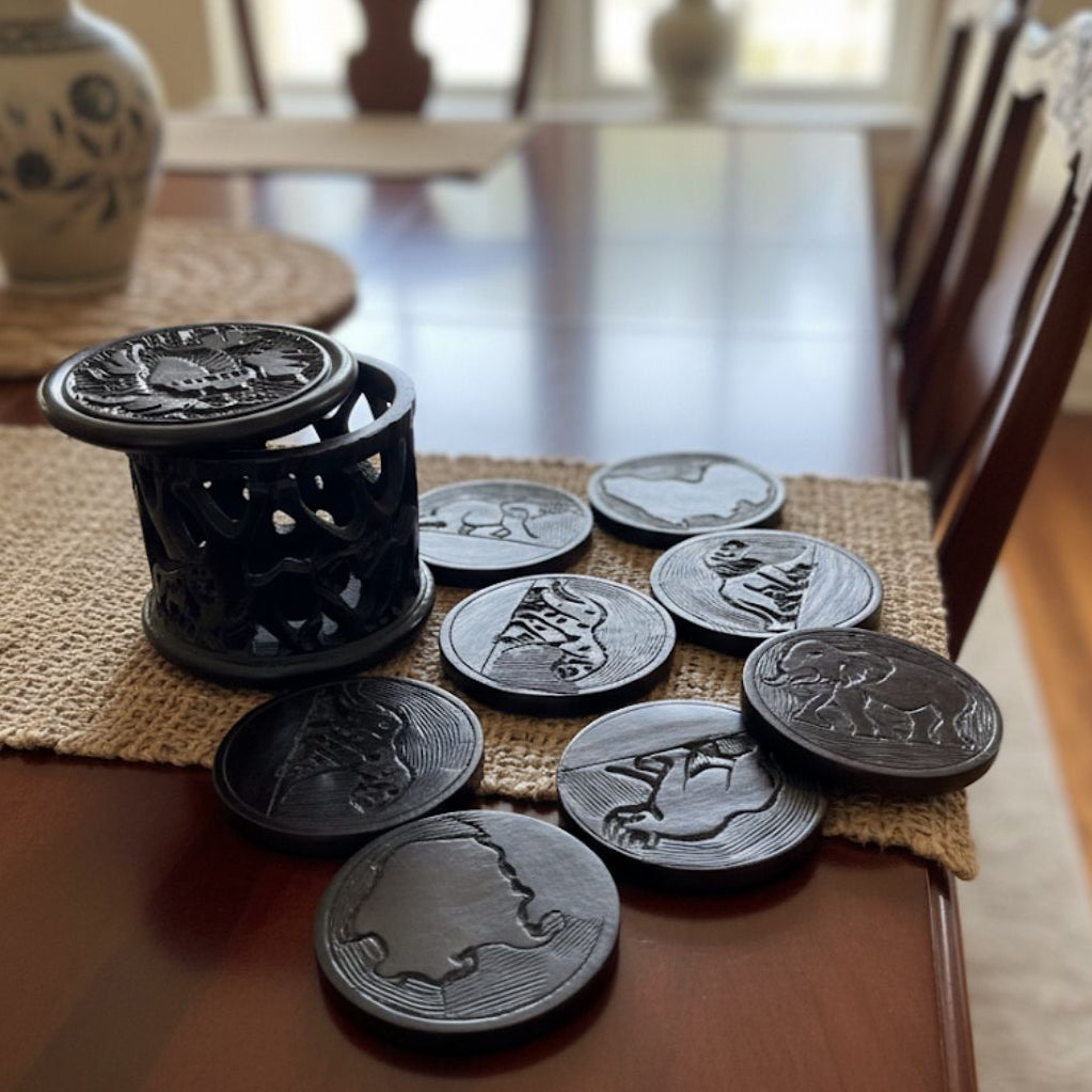 Big 5 + Africa Map Coaster Set With Container Lid – Ebony Wood
