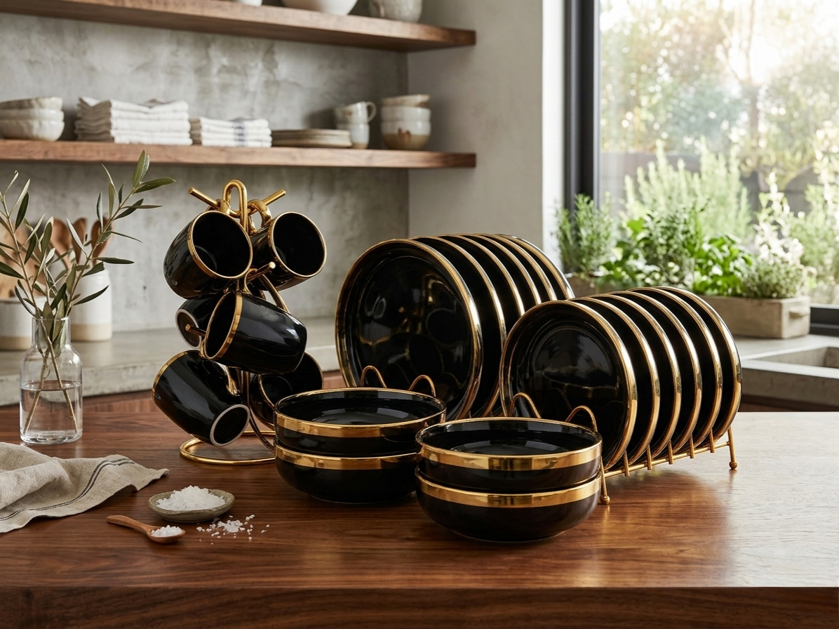 24-Piece black ceramic dinner set with gold detailing for elegant dining