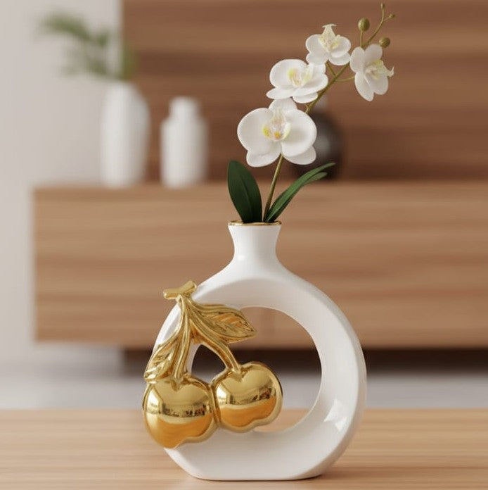 Modern ceramic vase with glossy finish and gold cherry leaf design in open circle shape