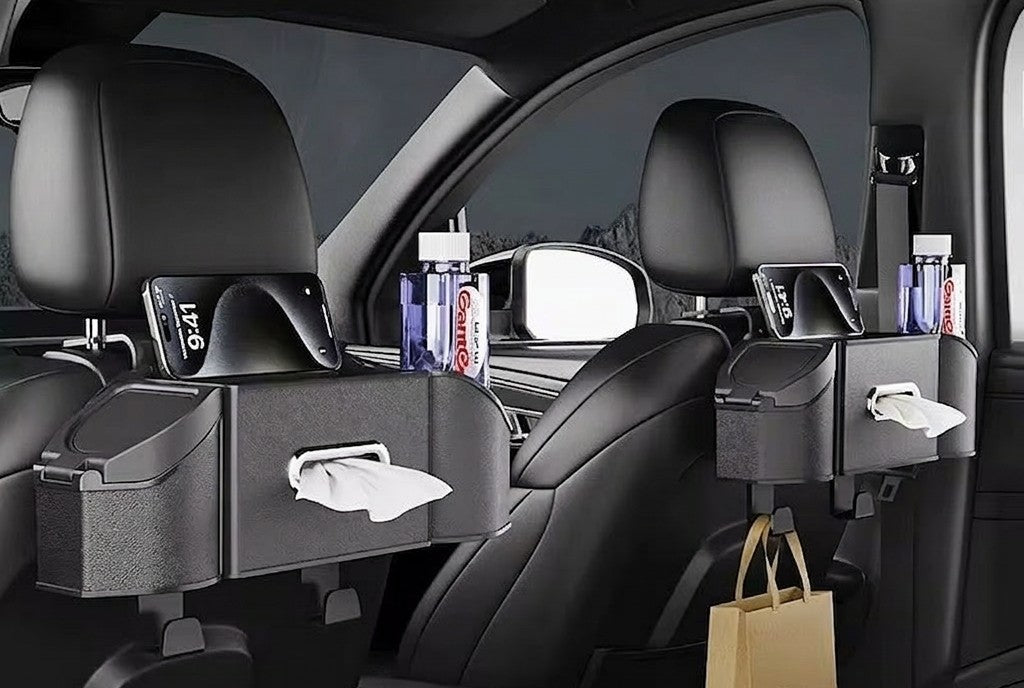 Multipurpose 7-in-1 car rear seat organizer made of leather with tissue and cup holder, available in beige, black, and orange. 