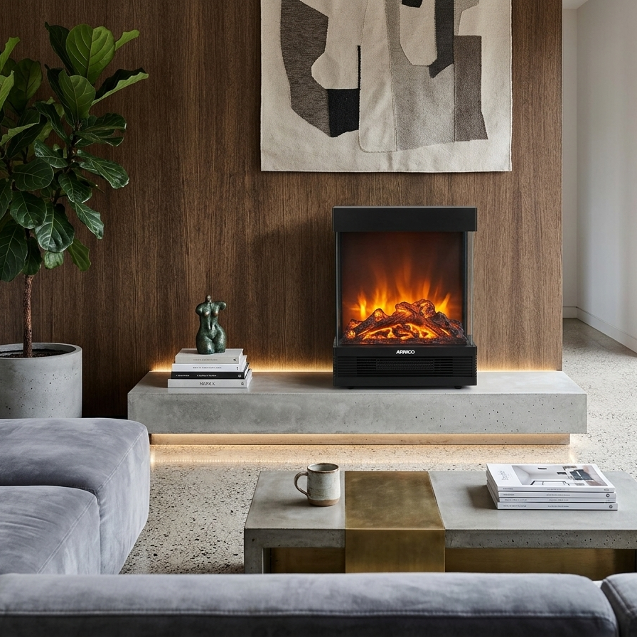 VF75X electric fireplace heater with 3D flame effect, fan, timer, and safety protection features