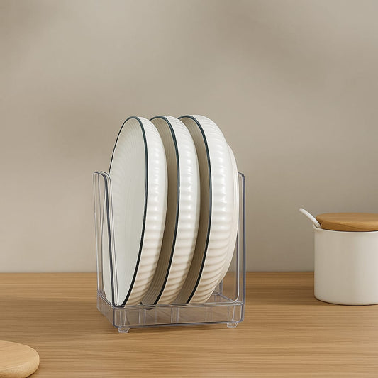 Transparent dinner plate and lid storage rack, plastic kitchen organizer for cabinets and countertops.