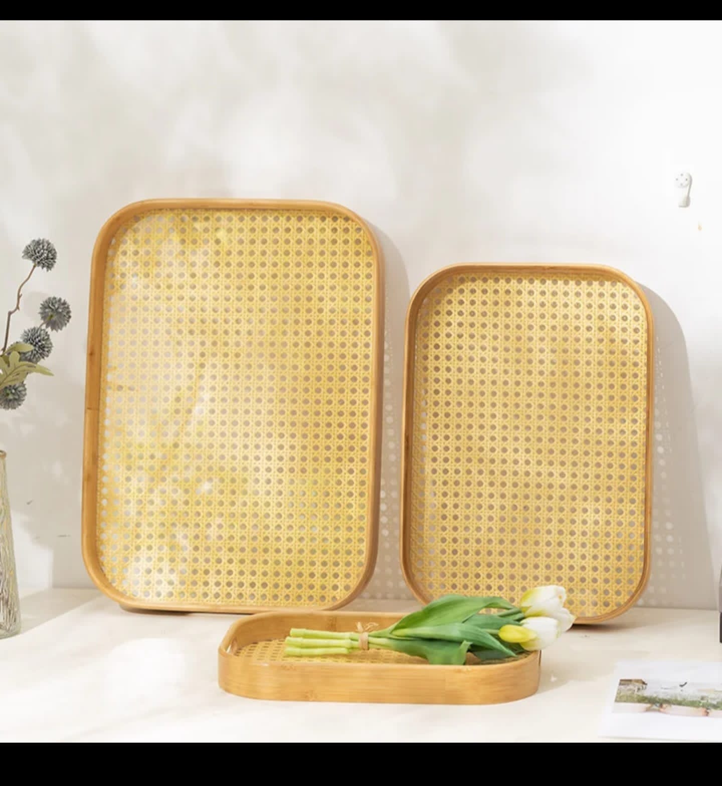 Set of 3 bamboo serving trays with grid bottom design for serving and home décor.
