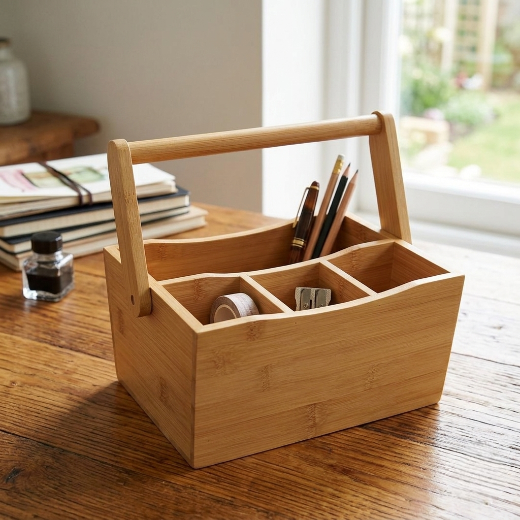 Portable bamboo cutlery organizer with handle and compartments for kitchen countertop storage