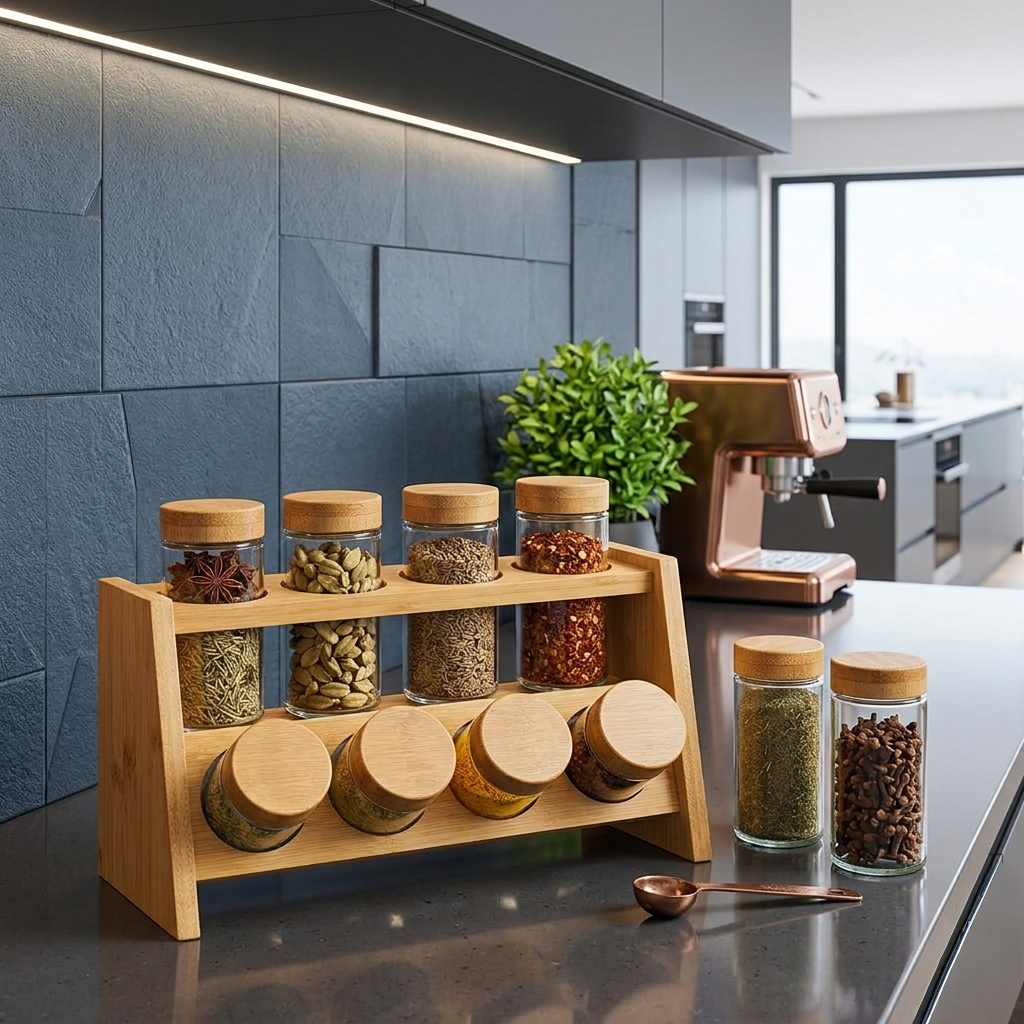 8 Piece Spice Jar Set With Wooden Rack