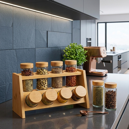 8 Piece Spice Jar Set With Wooden Rack