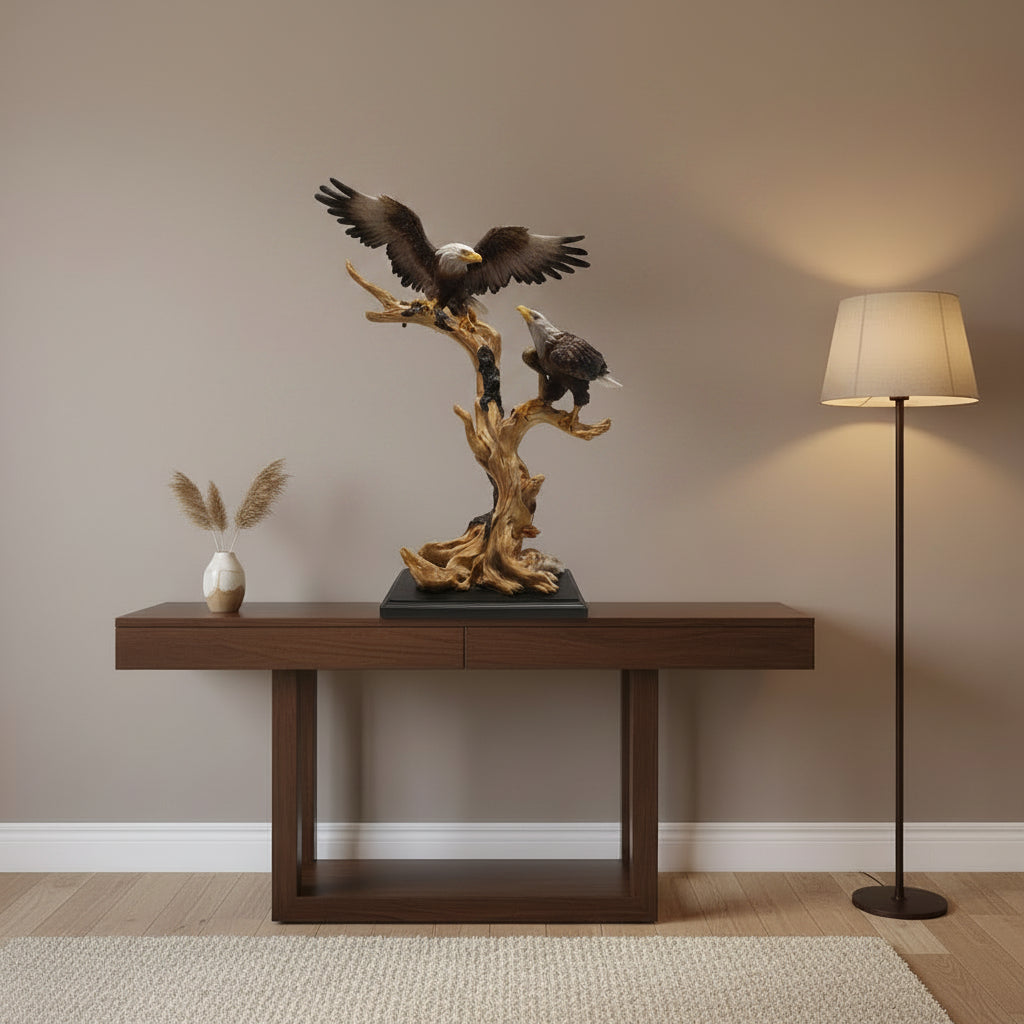 Dawood Lifestyle & Gadgets kes resin eagle statue featuring two bald eagles perched on a driftwood-style branch with one eagle in flight on a black display base