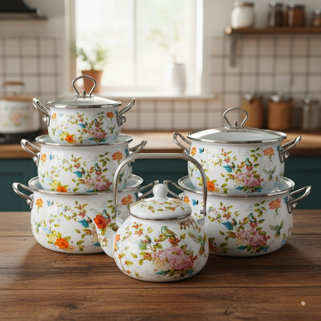 Enamel Cookware Set With 5 Casseroles And Kettle