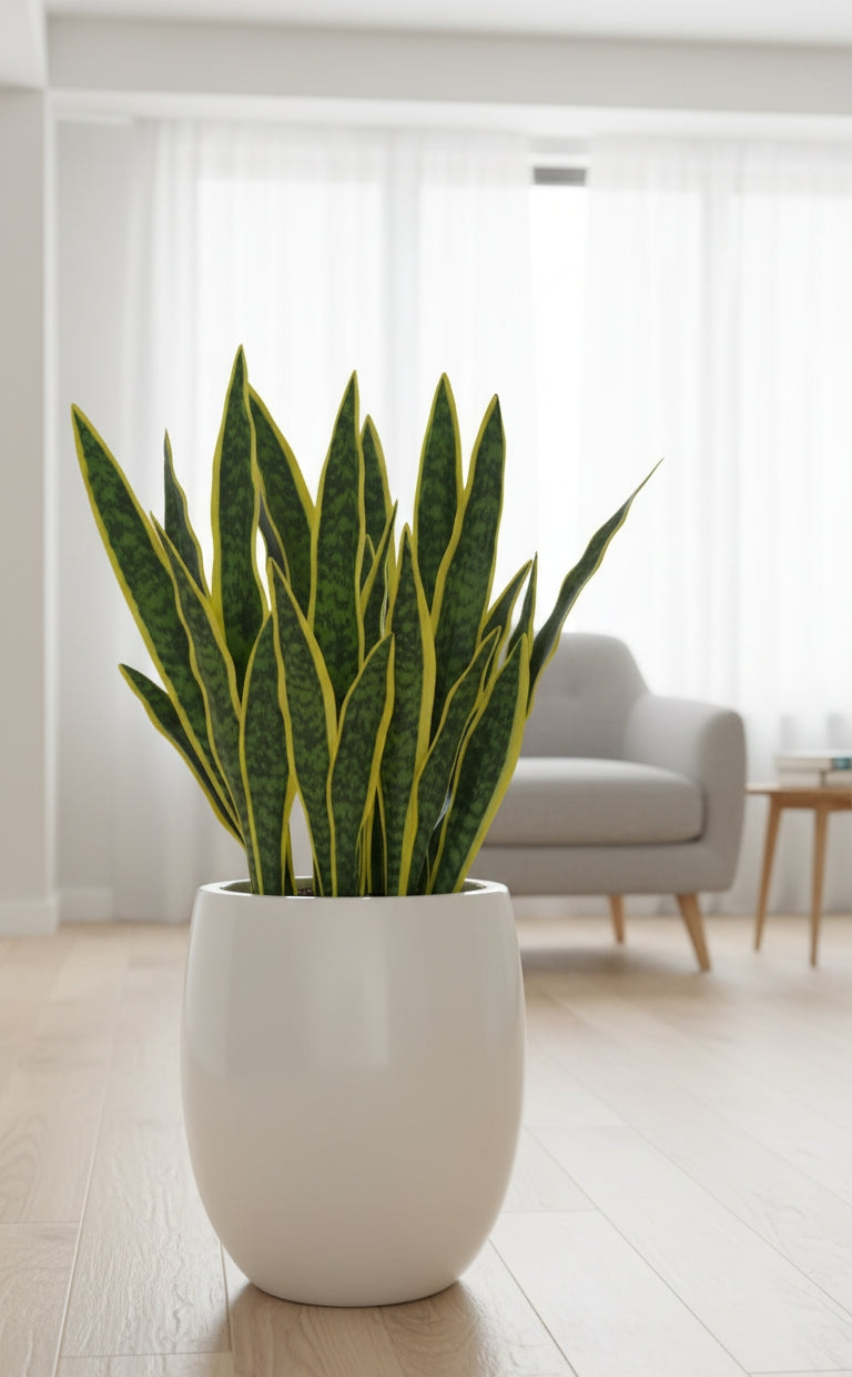 Artificial 100cm snake plant in unbreakable fiberglass vase.
