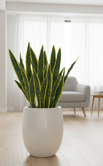Artificial 100cm snake plant in unbreakable fiberglass vase.
