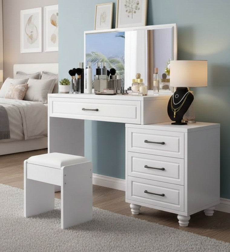 Big white dressing table with sliding mirror, hidden storage, and free seat