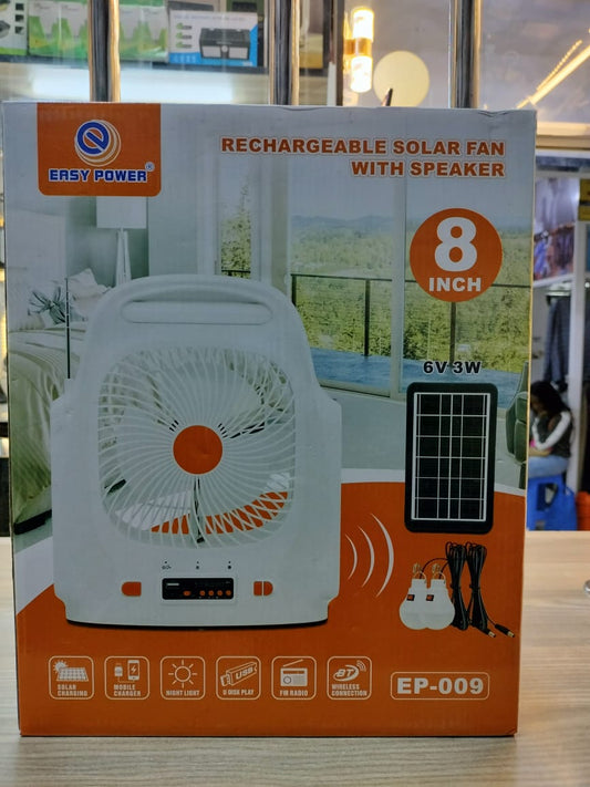 Portable AC DC fan with built-in speaker and solar panel for home or outdoor use
