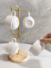 Cup holder organizer with bamboo base and decorative top in silver and gold for kitchen storage