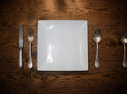 Set of six modern square ceramic dinner plates