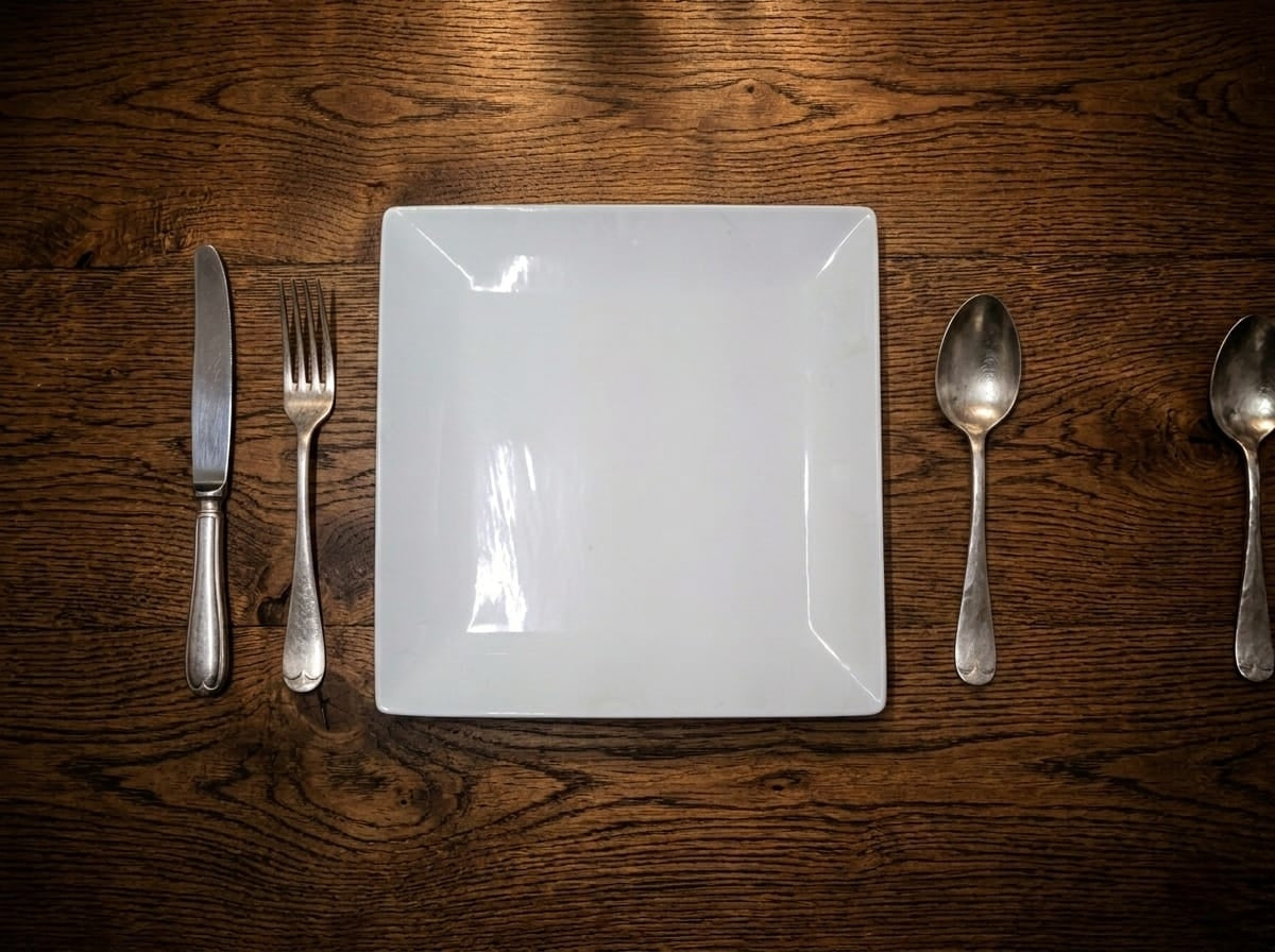 Set of six modern square ceramic dinner plates