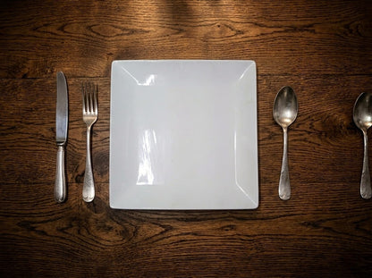 Set of six modern square ceramic dinner plates