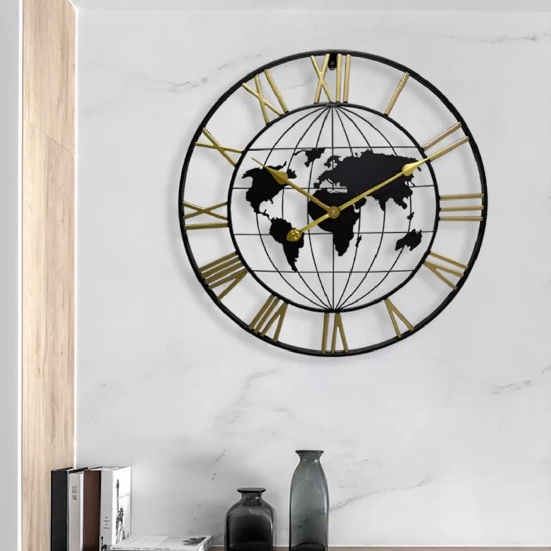 60cm Roman Numerals Metallic World Map Wall Clock