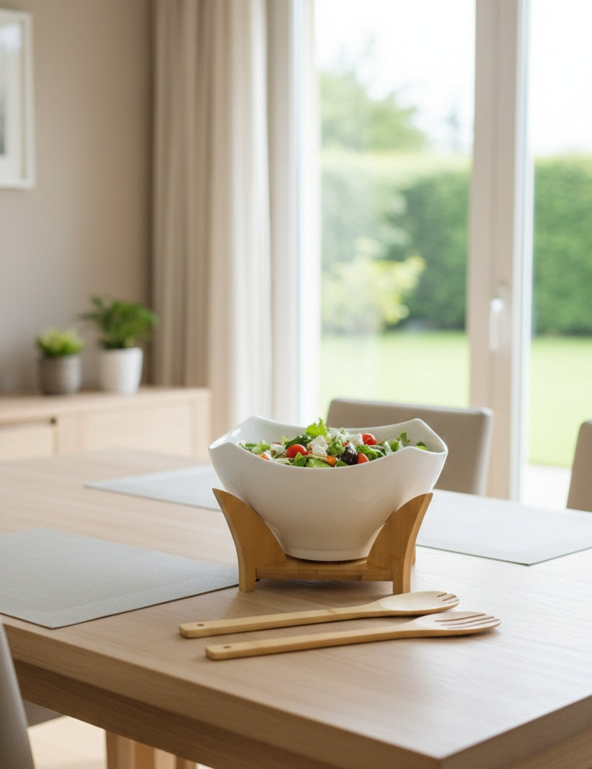 Ceramic Salad Bowl with Bamboo Stand And Spoons