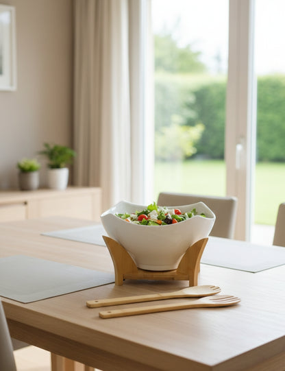 Ceramic Salad Bowl with Bamboo Stand And Spoons
