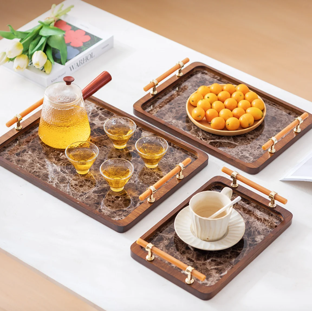 3Pc Bamboo Nesting Serving Tray Set with Grey Handles