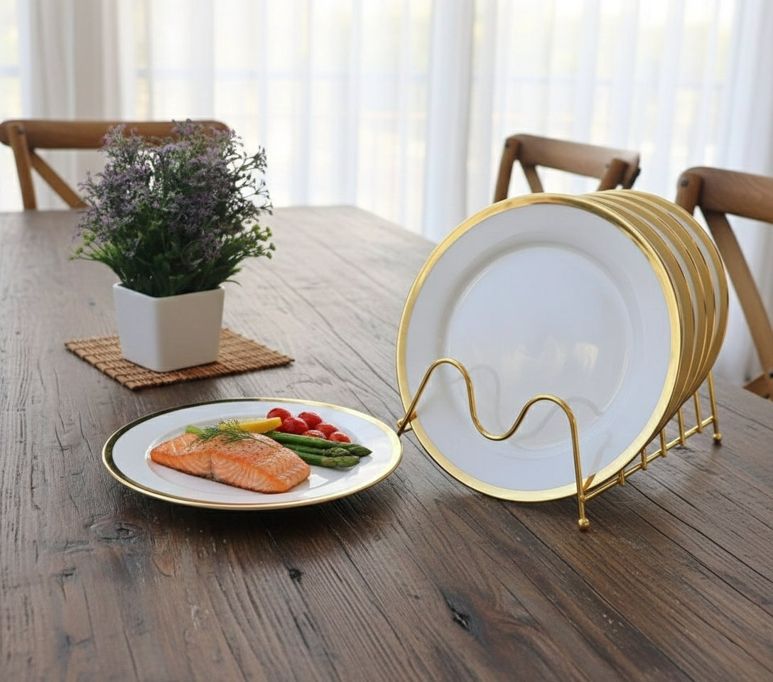 Set of 6 white ceramic plates with gold accents, 10.5-inch diameter.
