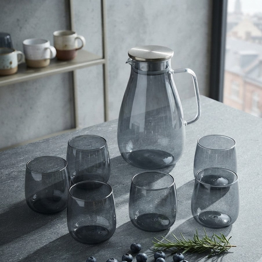 7 Piece Smoky Grey Glass Jug and Tumbler Set