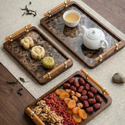 Three piece bamboo nesting serving tray set with grey handles and raised edges for serving, organizing, and home décor.