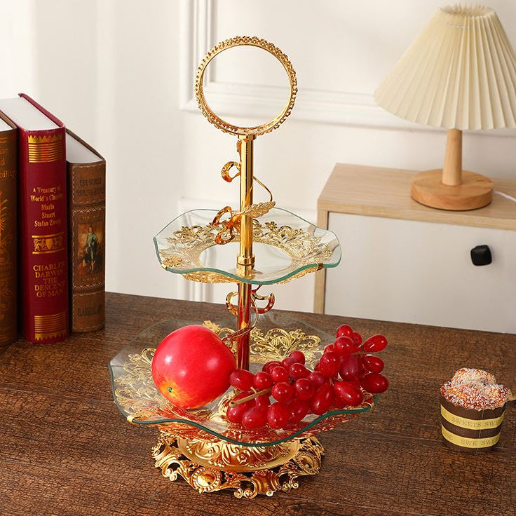 European style double layer cake and fruit plate, elegant tiered serving stand for desserts and snacks.