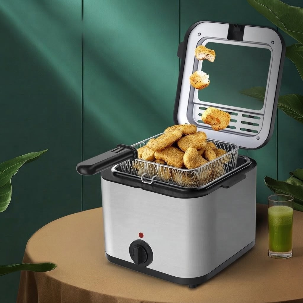 2.5 litre smart electric fryer with 1000 W power, non stick cooking surface, adjustable thermostat, and multipurpose design.