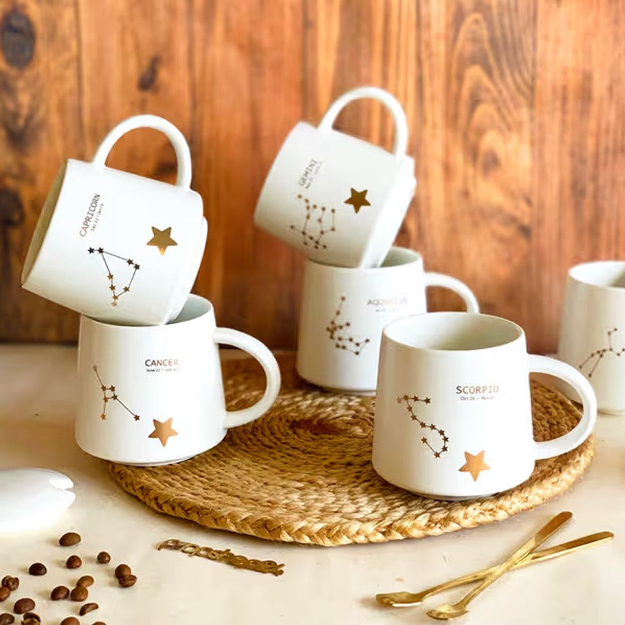 White Ceramic Gold Constellation Mug Set with Lid and Spoon