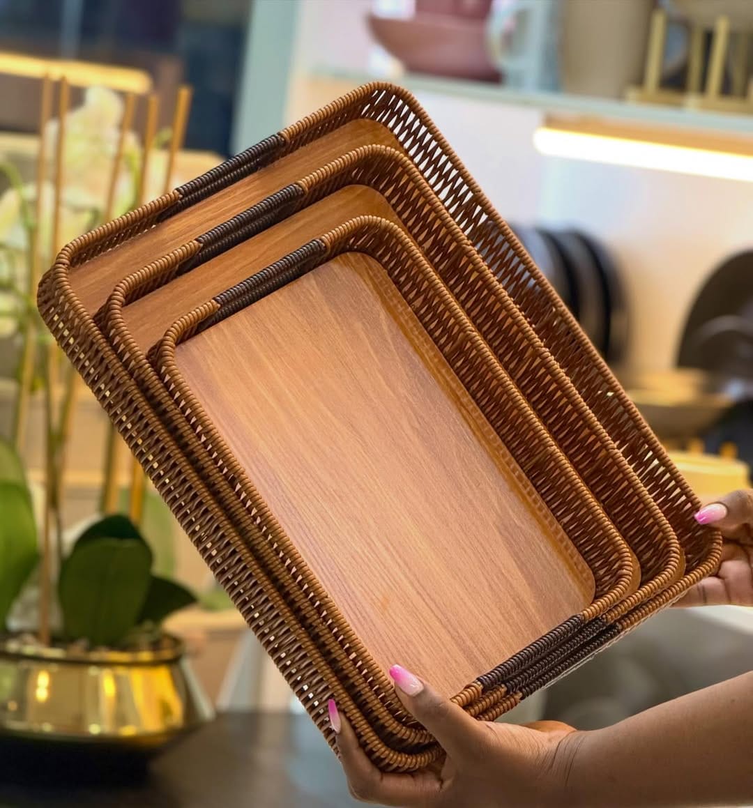 Square hand-woven rattan bamboo serving tray with custom handles, eco-friendly and multifunctional for serving or décor. 🌿
