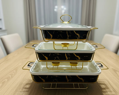 Set of three ceramic chafing dishes for serving hot meals