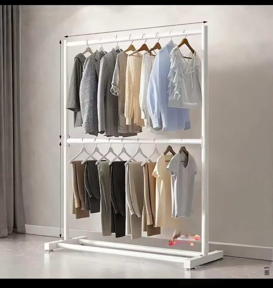 Floor-standing clothes rack with hooks and shelves for organizing coats, shoes, and accessories.