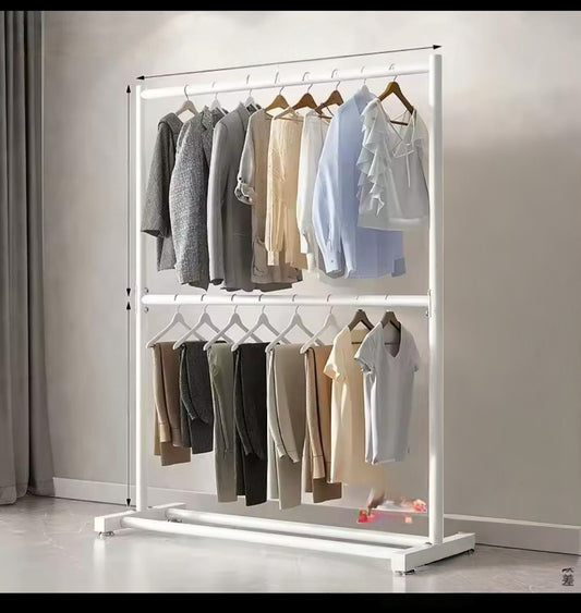Floor-standing clothes rack with hooks and shelves for organizing coats, shoes, and accessories.