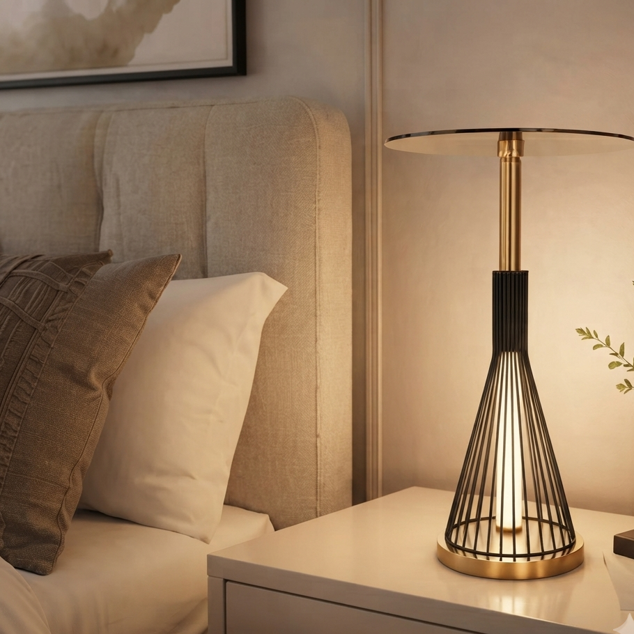 Caged bedside table lamp with black metal cage shade and gold tone base decorative ambient lighting for bedrooms living rooms office desks and console tables.
