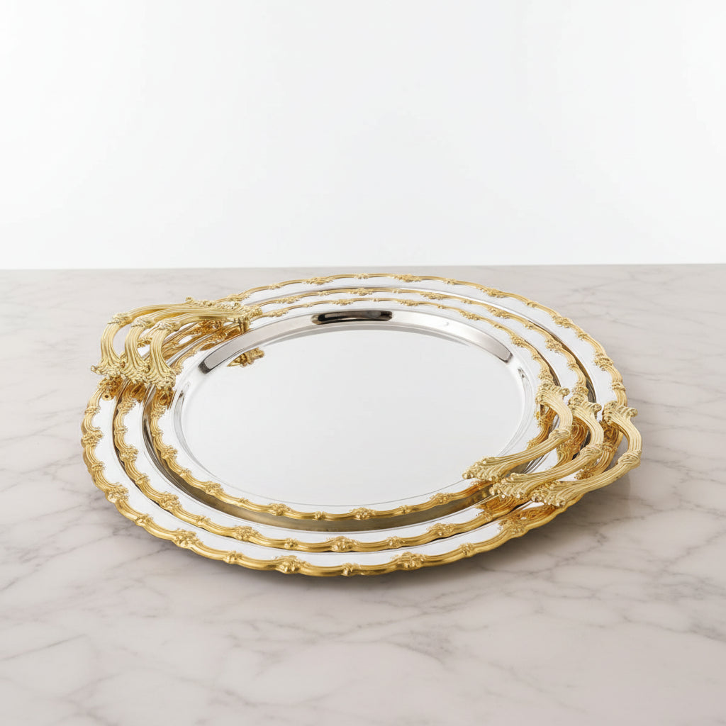3 Piece Round Gold Plated Serving Tray Set 30cm, 35cm and 40cm