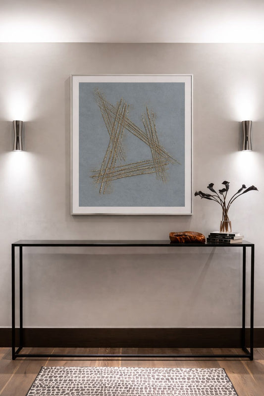 Abstract geometric wall art with layered metallic elements measuring 102 × 102 cm for modern interior décor