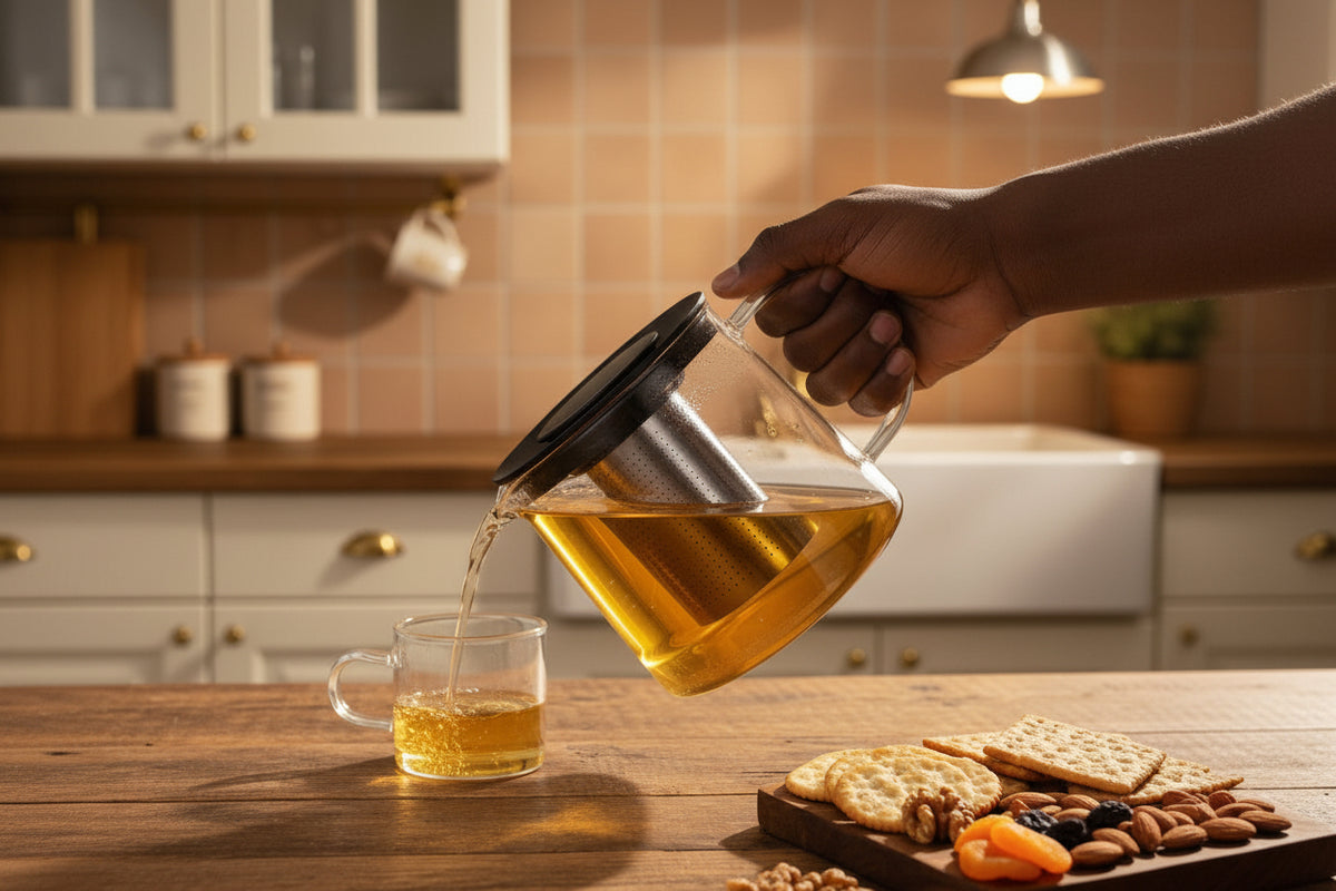 Heat resistant borosilicate glass teapot with built in infuser for brewing tea