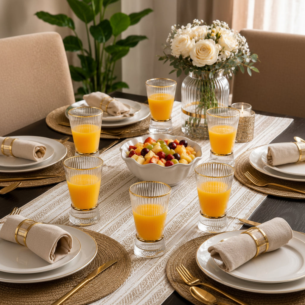 6 piece ribbed juice glasses with gold ring, 300ml capacity.