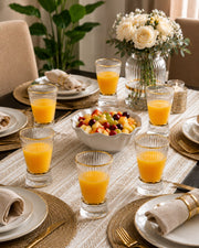6 piece ribbed juice glasses with gold ring, 300ml capacity.