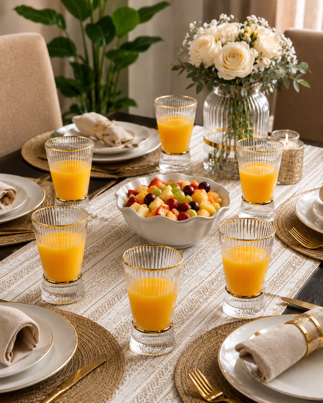 6 piece ribbed juice glasses with gold ring, 300ml capacity.