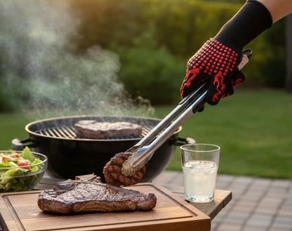 Pair of heat-resistant fireproof barbecue gloves for safe grilling and cooking